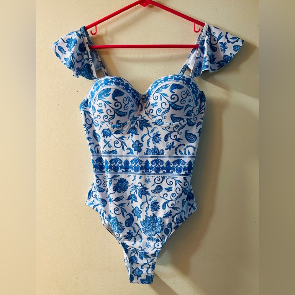 Blue and White Floral Swimsuit